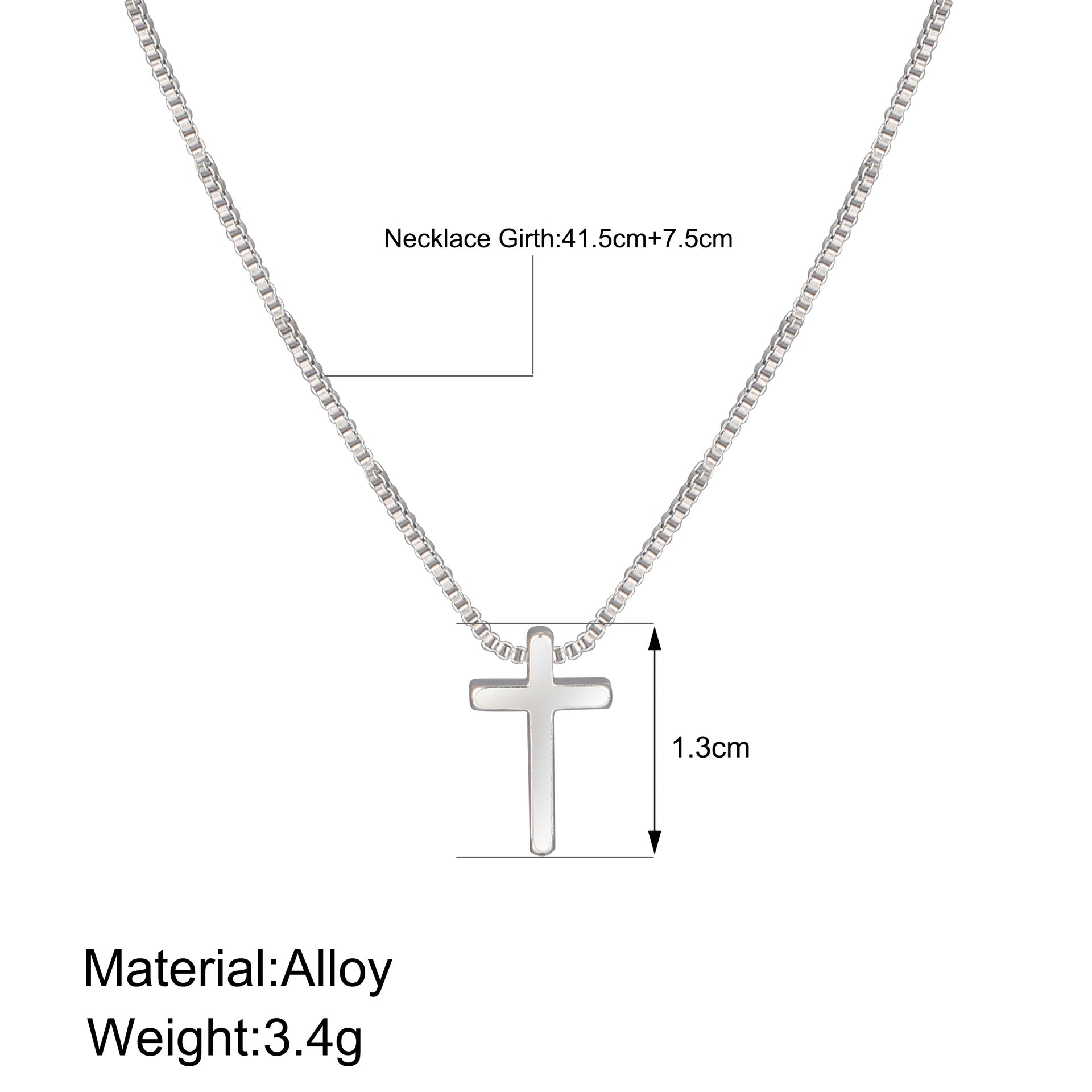 Silver necklace with cross pendant on a white background, showing measurements and material details.