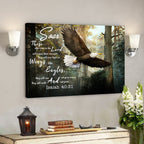 Canvas print with an eagle and motivational quote on a wall above a wooden shelf.
