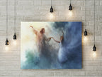 Poster of a religious scene with two figures on a brick wall background