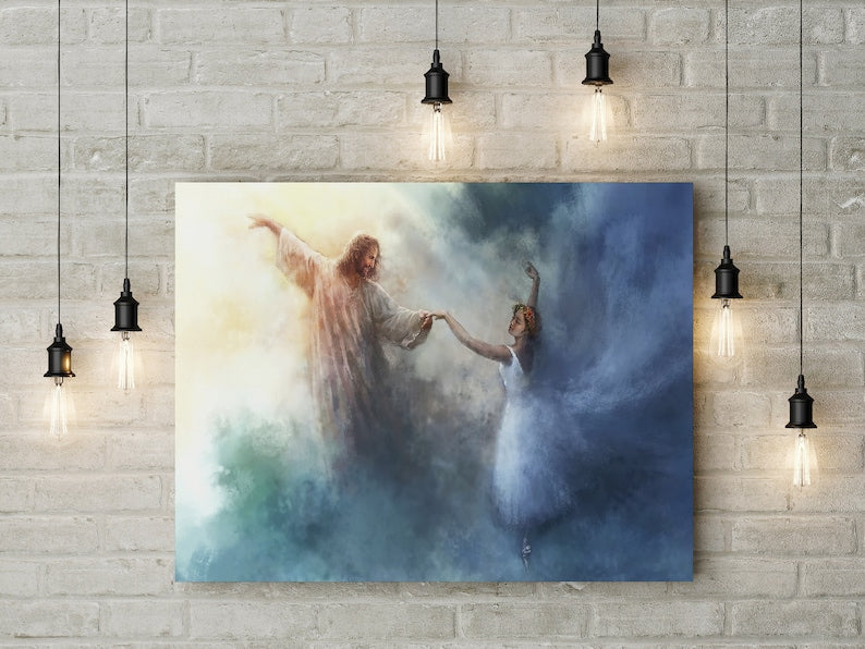 Poster of a religious scene with two figures on a brick wall background