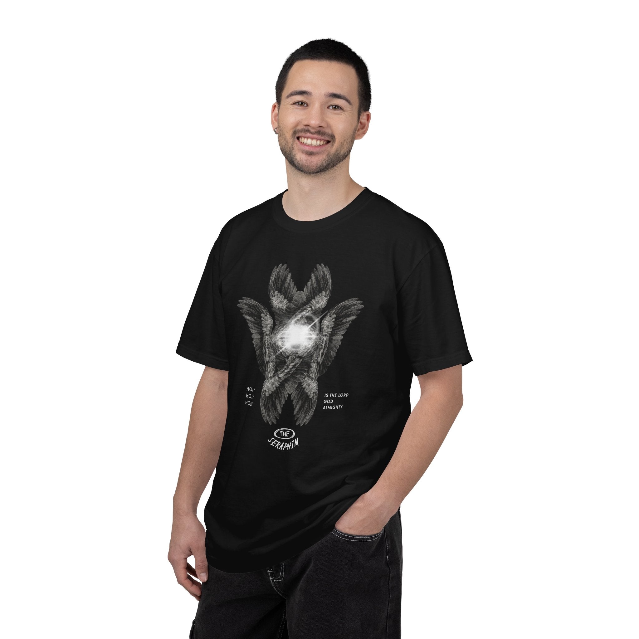 Man wearing a black t-shirt with a graphic design on a white background