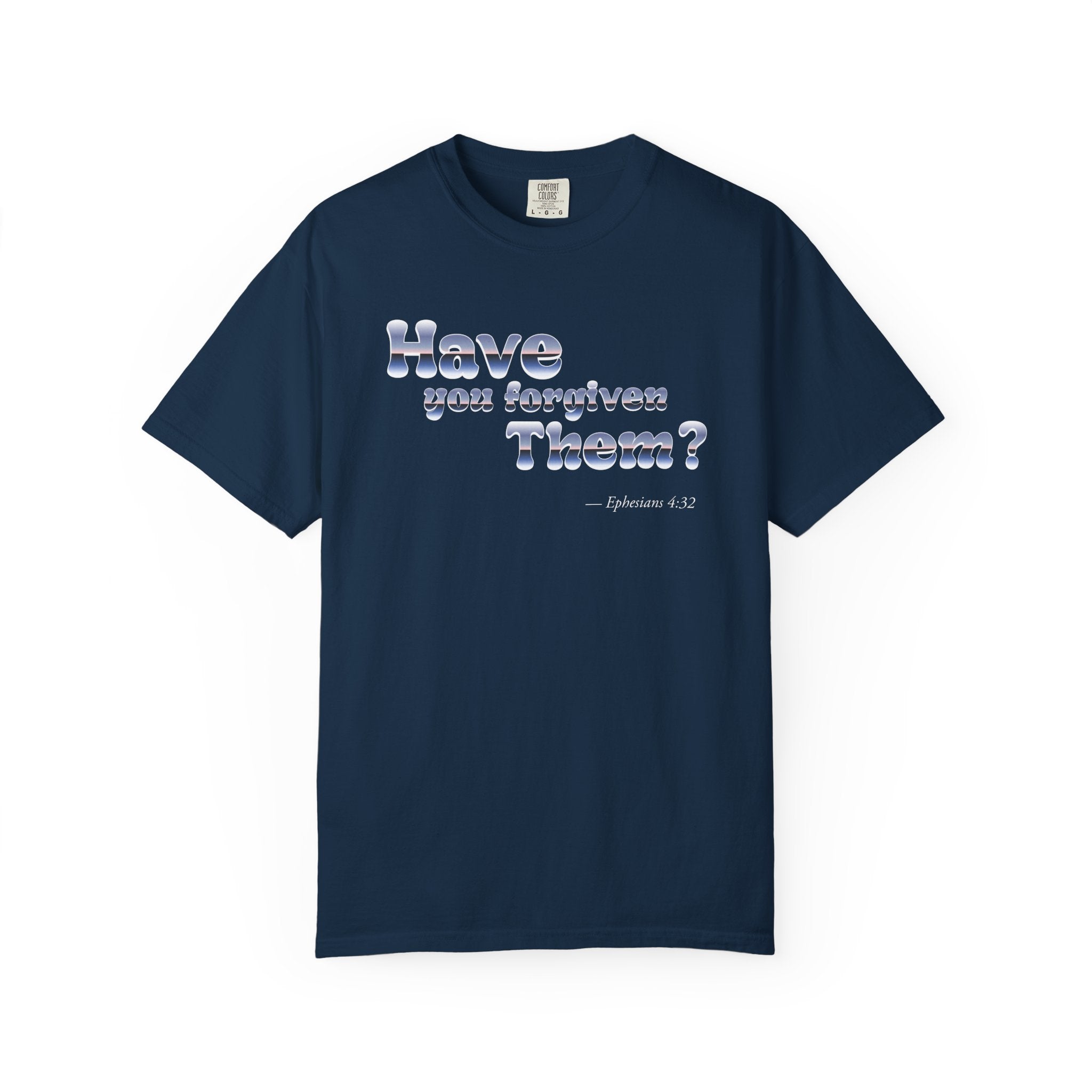 Navy blue t-shirt with white text on a white background