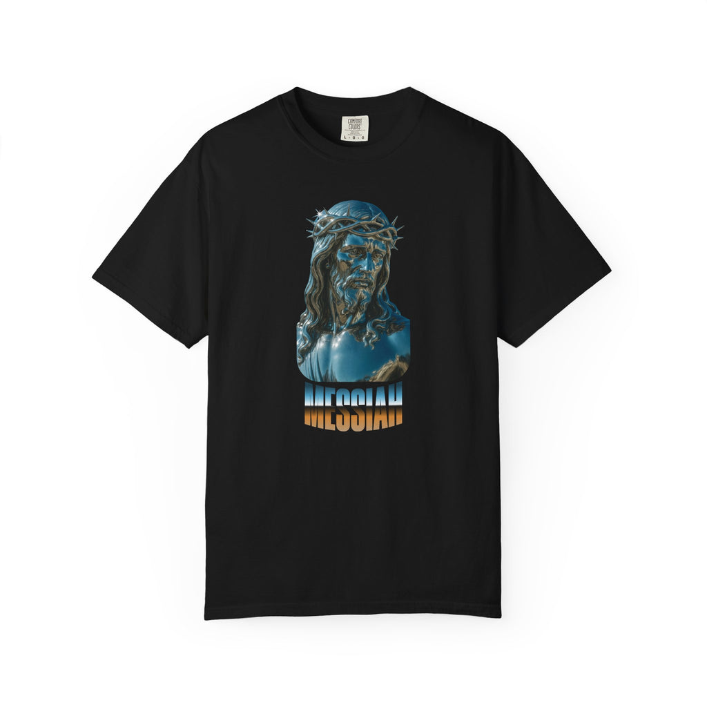 Black t-shirt with a graphic of a religious figure and text on a white background