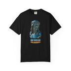 Black t-shirt with a graphic of a religious figure and text on a white background
