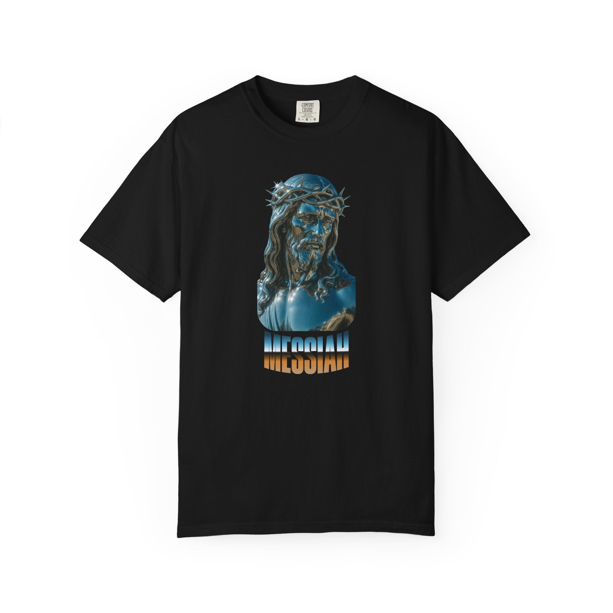 Black t-shirt with a graphic of a religious figure and text on a white background