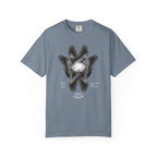 Gray t-shirt with a graphic design of a bird and text on a white background