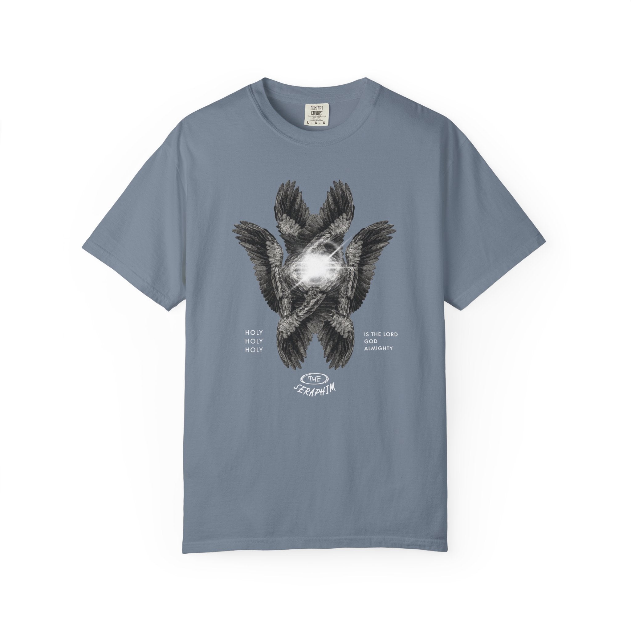 Gray t-shirt with a graphic design of a bird and text on a white background