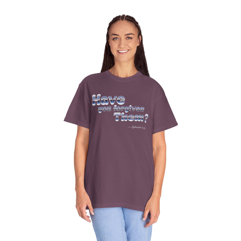 Woman wearing a purple t-shirt with text on a white background