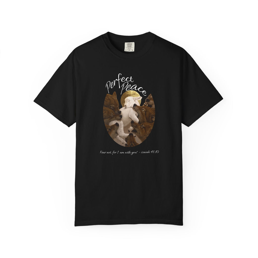 Black t-shirt with a graphic design of a baby Jesus and the text 'Perfect Peace' on a white background.