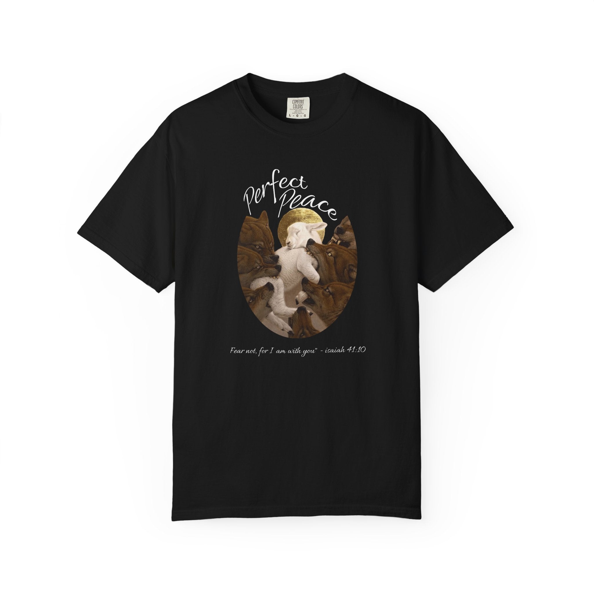 Black t-shirt with a graphic design of a baby Jesus and the text 'Perfect Peace' on a white background.