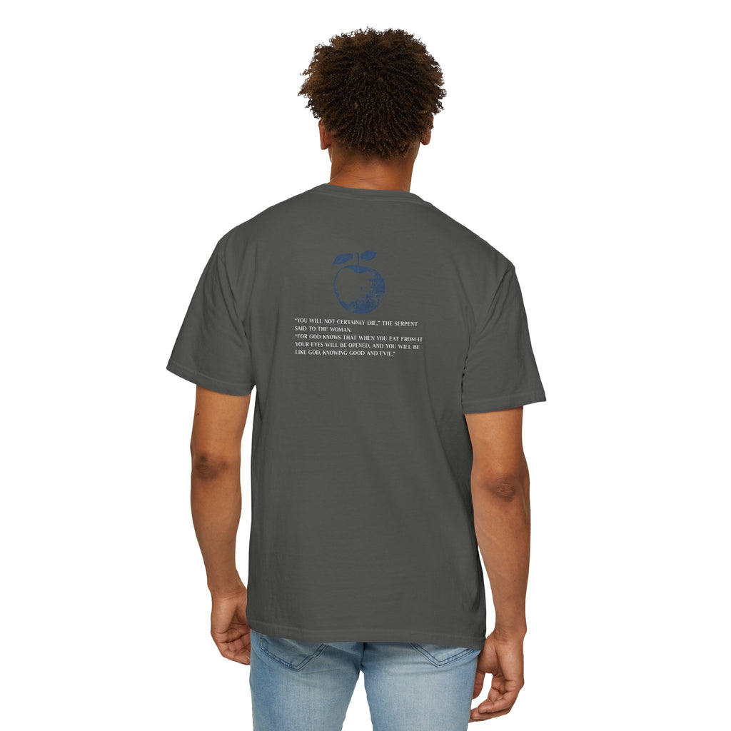 Person wearing a gray t-shirt with text and a logo on the back, standing against a white background