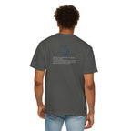 Person wearing a gray t-shirt with text and a logo on the back, standing against a white background