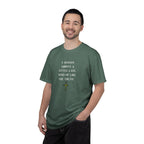Man wearing a green t-shirt with a logo on a white background