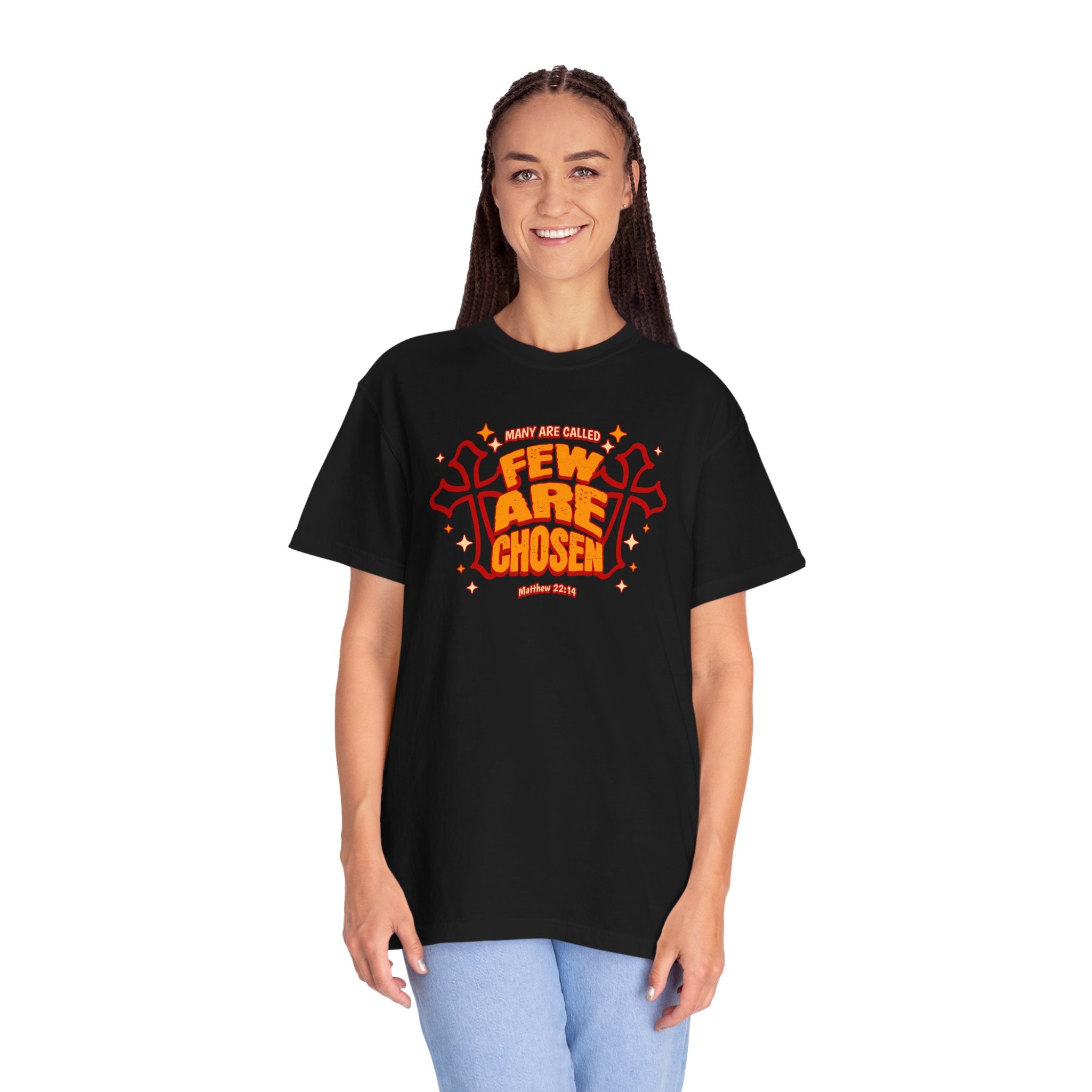 Person wearing a black t-shirt with a red and yellow design on a white background