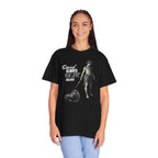 Person wearing a black t-shirt with a graphic design and text on a white background