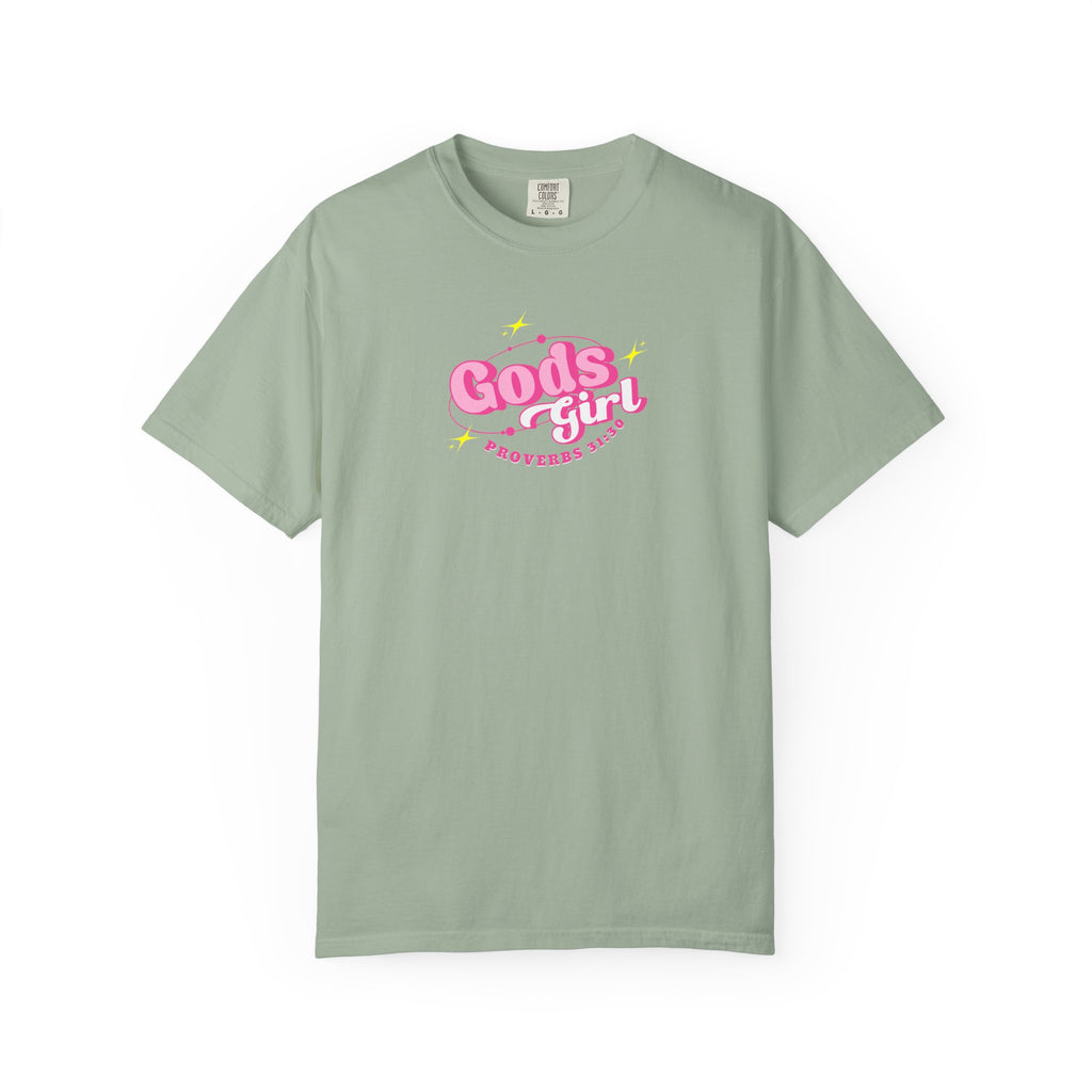 Green t-shirt with 'It's a good day to teach Kindergarten' text on a white background