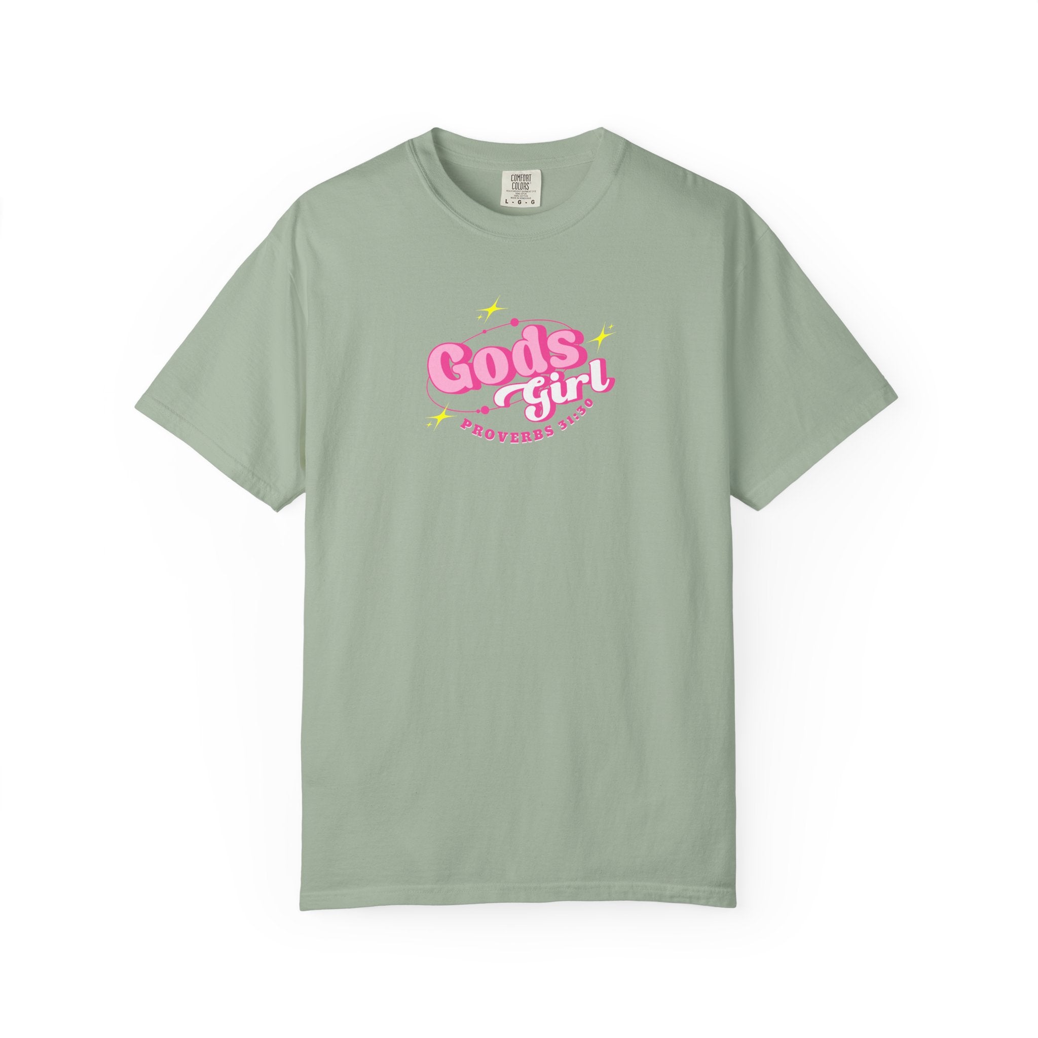 Green t-shirt with 'It's a good day to teach Kindergarten' text on a white background