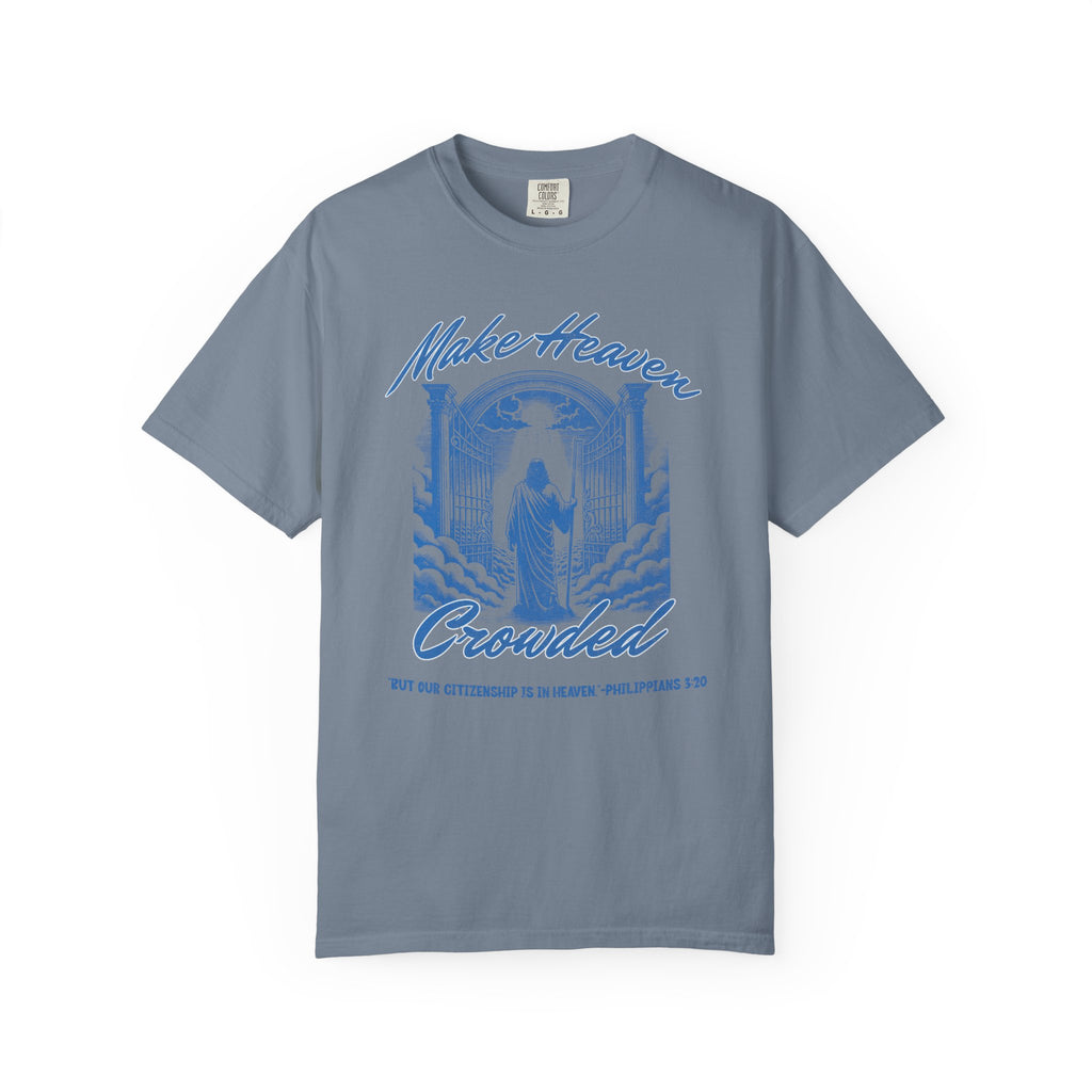 Gray t-shirt with blue graphic and text on a white background