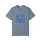 Gray t-shirt with blue graphic and text on a white background