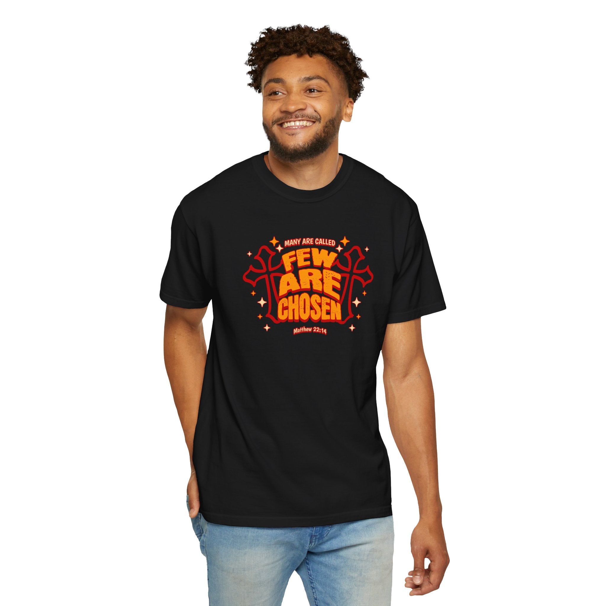 Man wearing a black t-shirt with red and orange text design on a white background