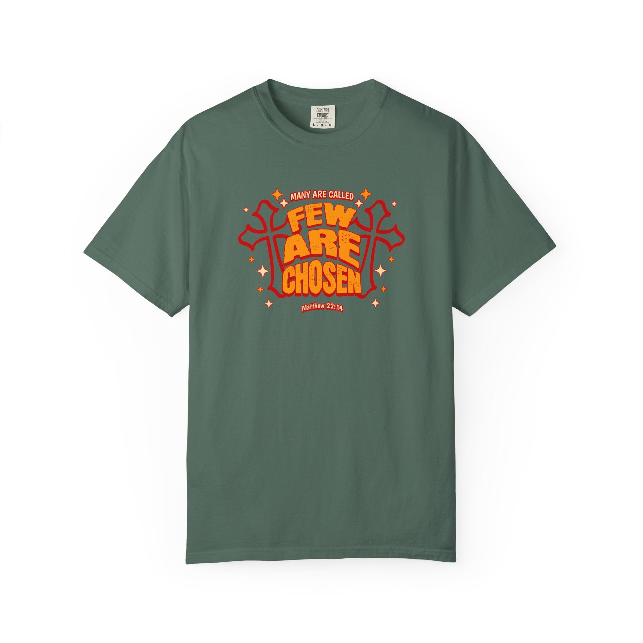 Green t-shirt with red and white text and graphics on a white background