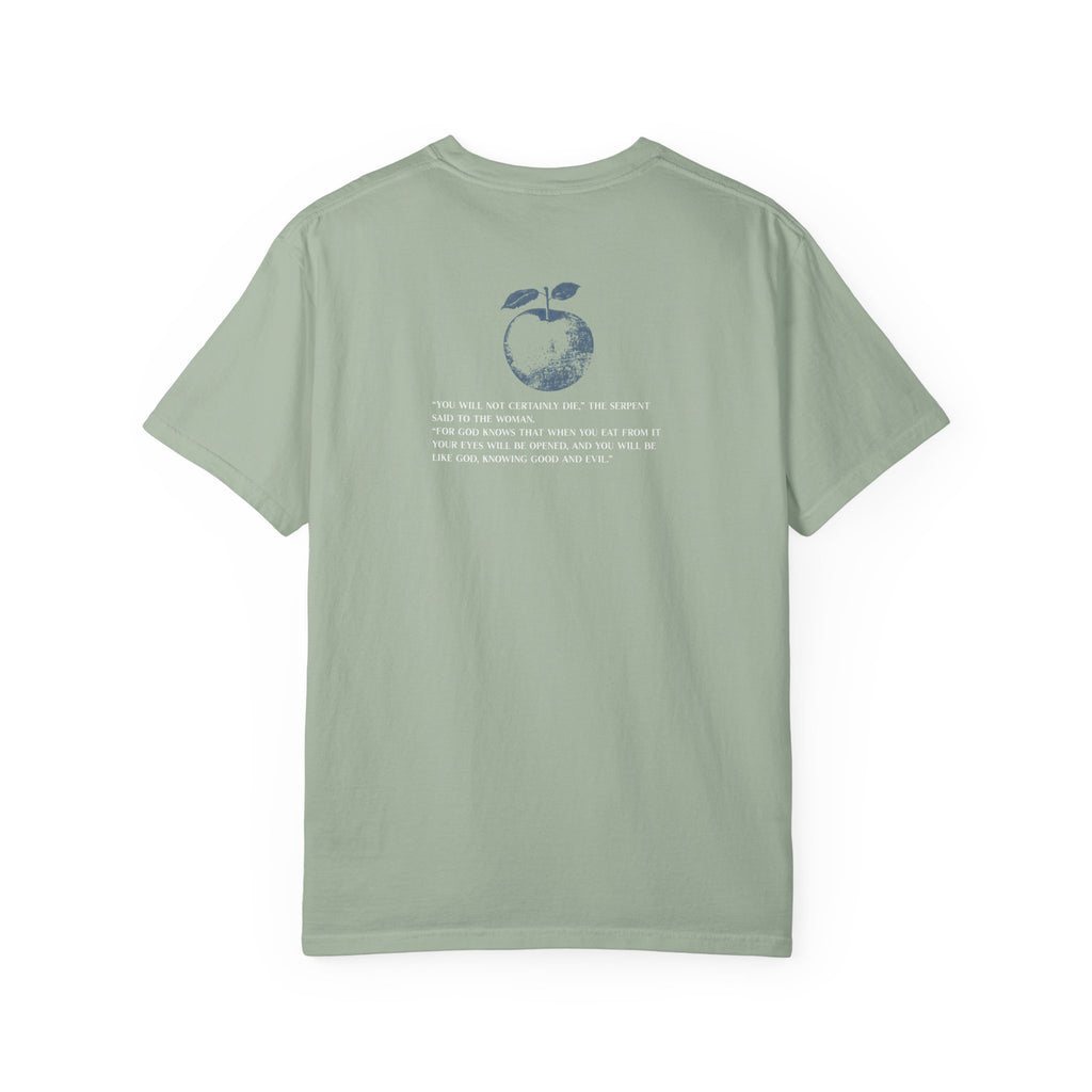 Light green t-shirt with a small logo on the back against a white background