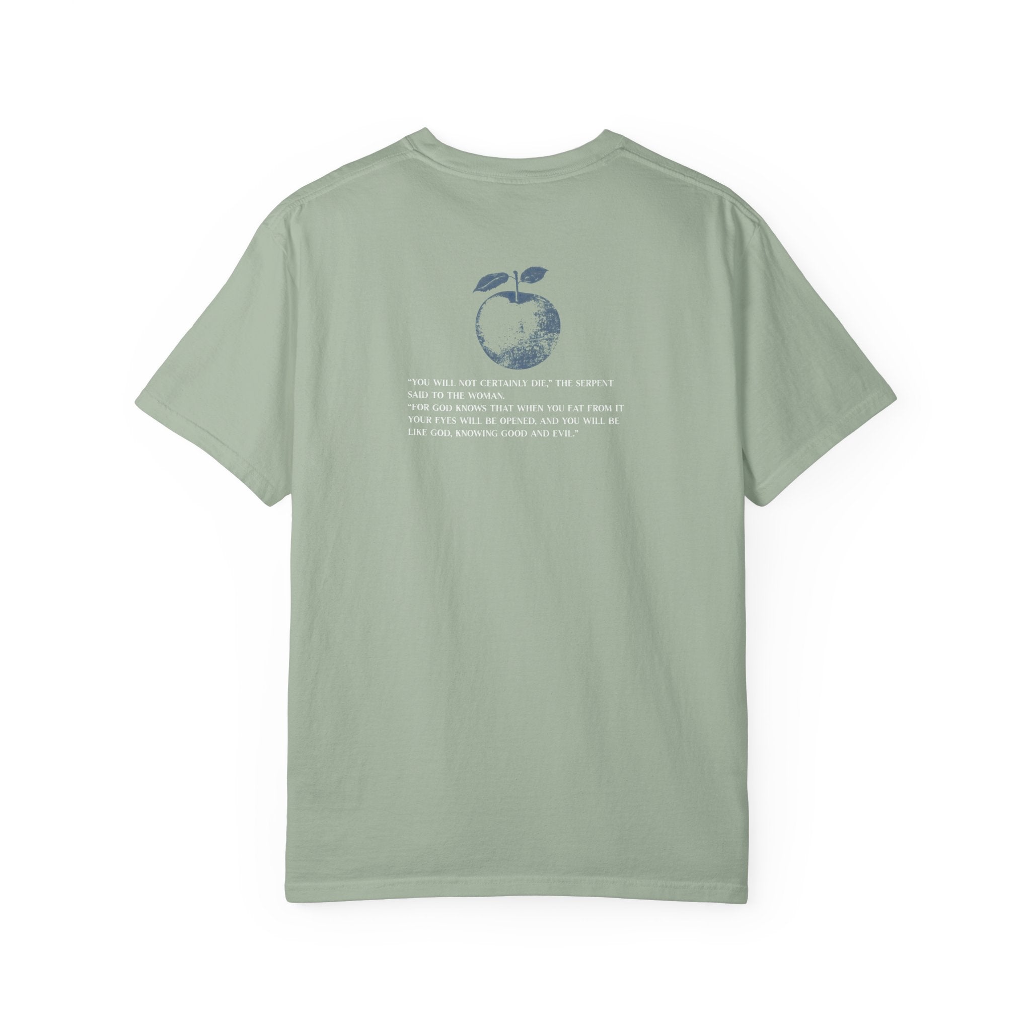 Light green t-shirt with a small logo on the back against a white background