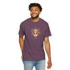 Man wearing a purple t-shirt with colorful text design on a white background
