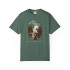 Green t-shirt with a graphic design of cats and text on a white background