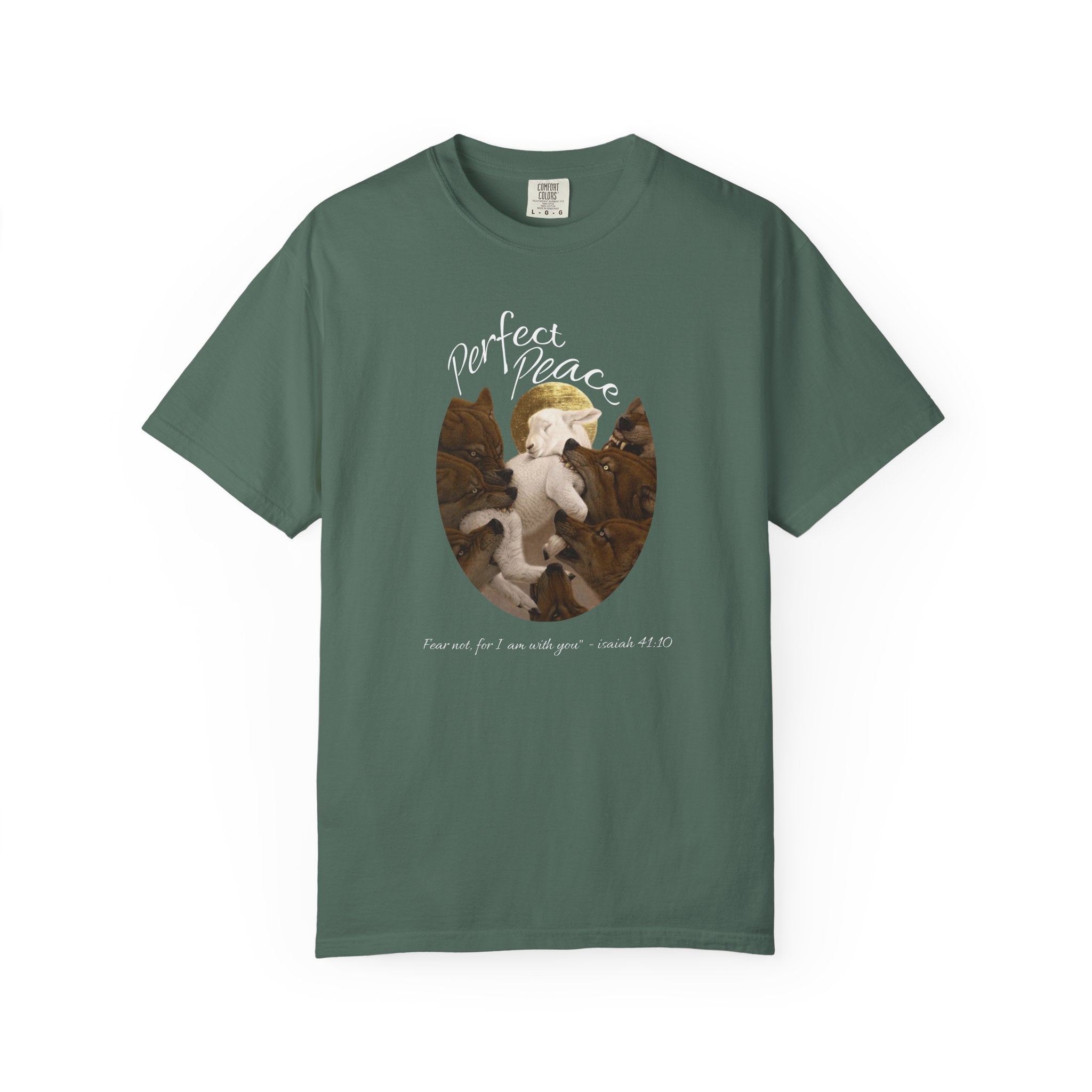 Green t-shirt with a graphic design of cats and text on a white background