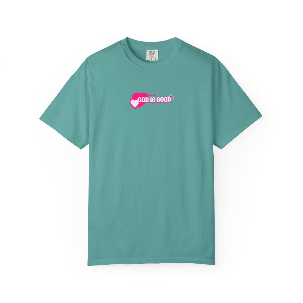 Teal t-shirt with 'God is Good' graphic on a white background