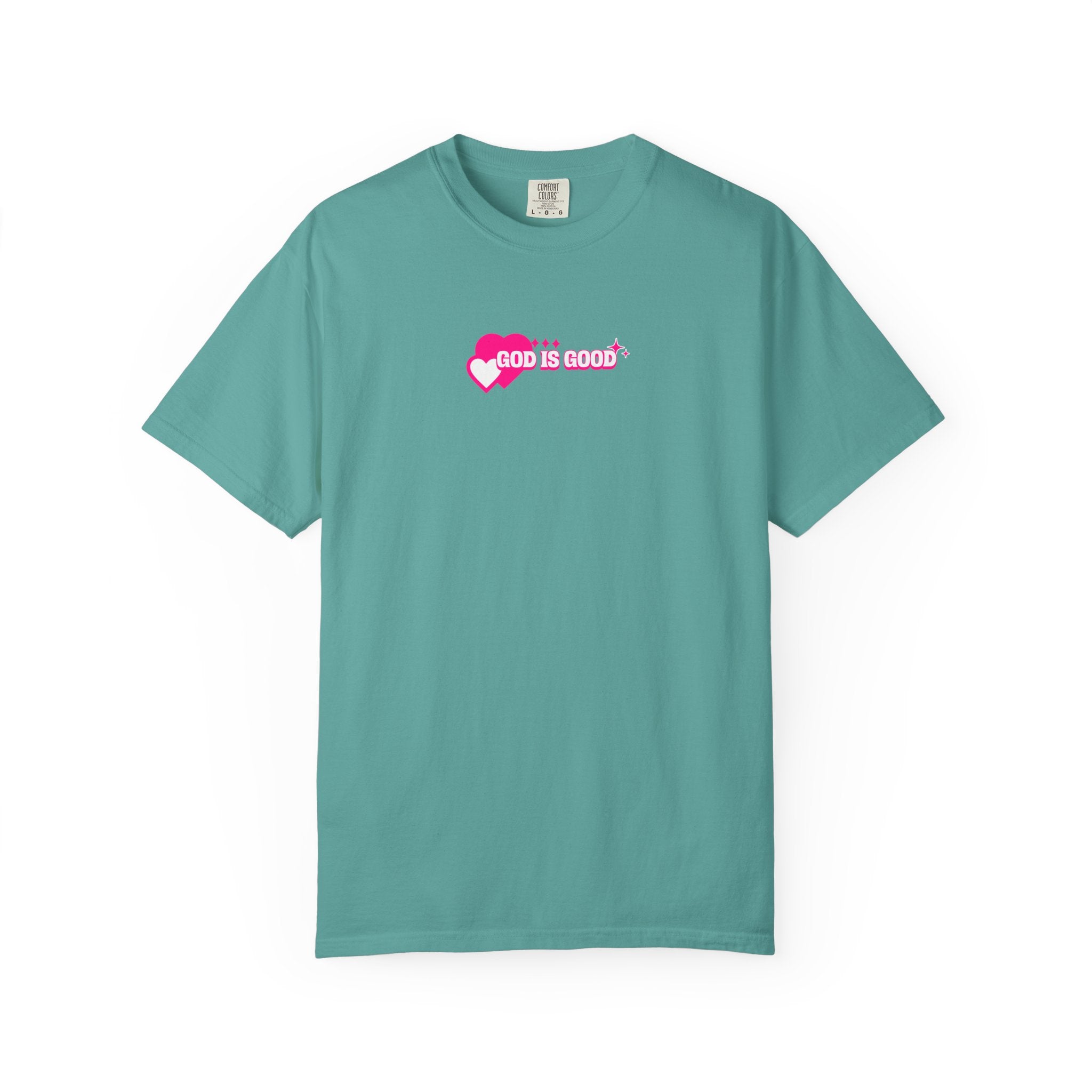 Teal t-shirt with 'God is Good' graphic on a white background