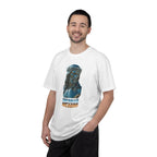 Man wearing a white t-shirt with a graphic design and text on a white background