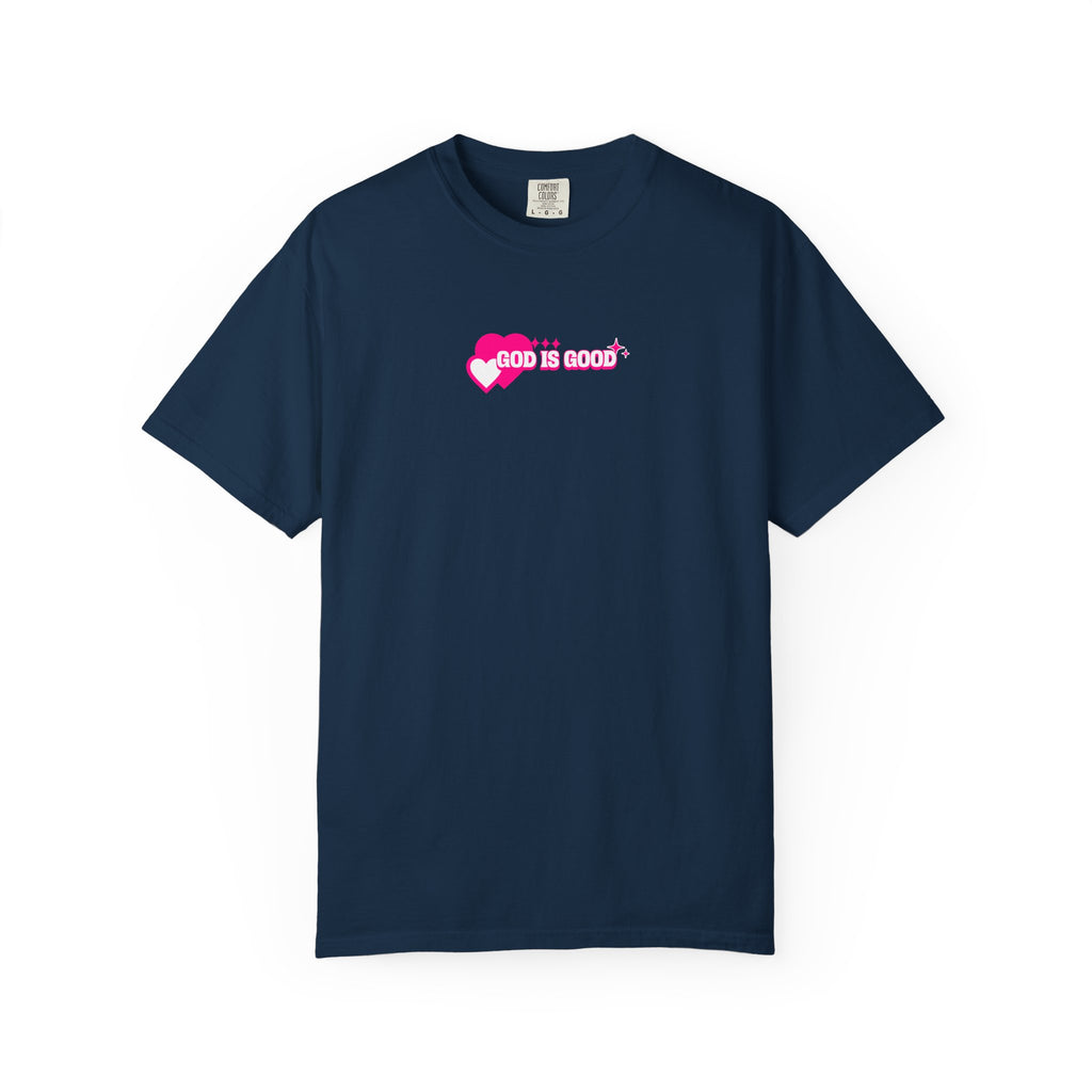 Navy blue t-shirt with a pink heart and text design on a white background