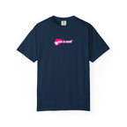 Navy blue t-shirt with a pink heart and text design on a white background