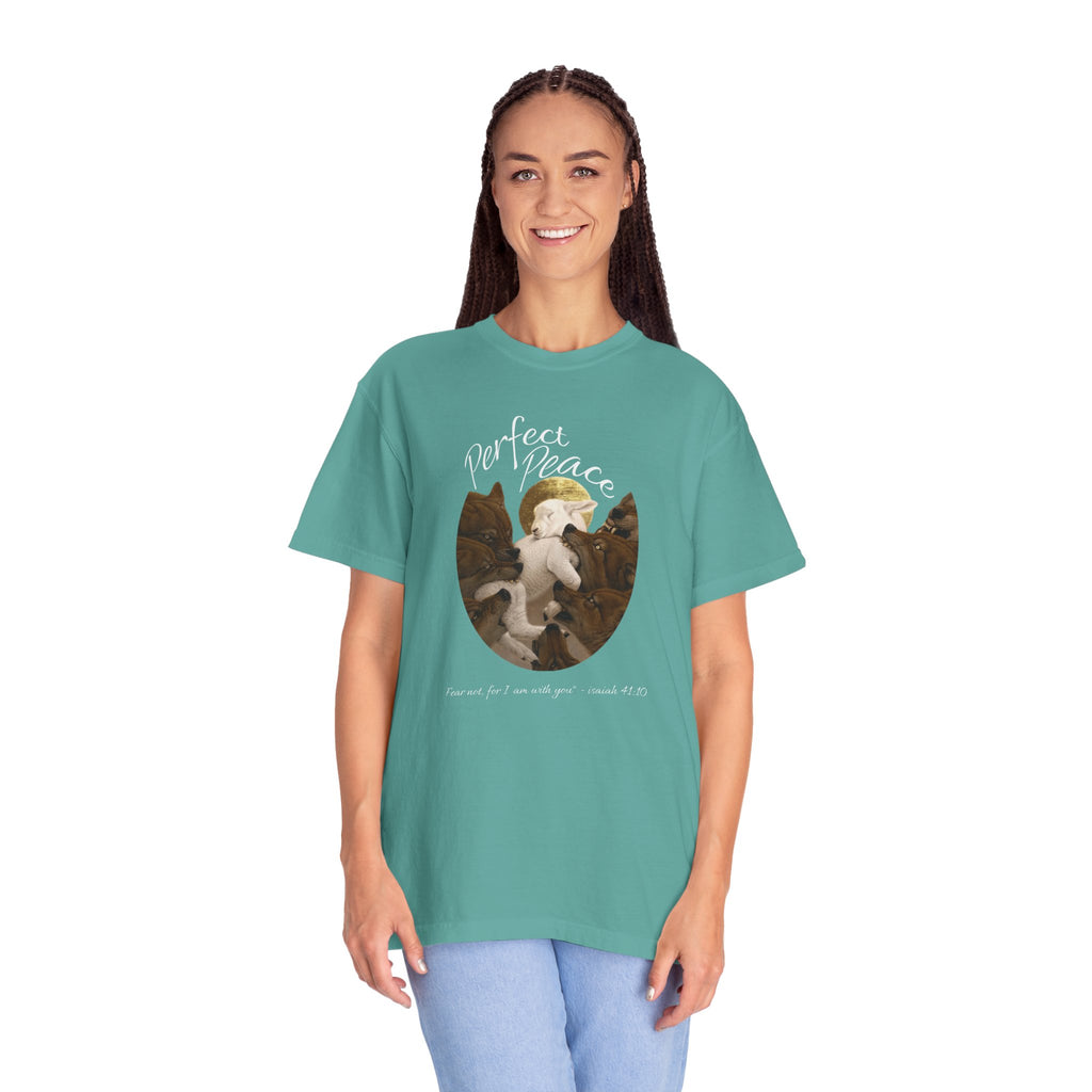 Person wearing a teal t-shirt with a graphic design and text on a white background