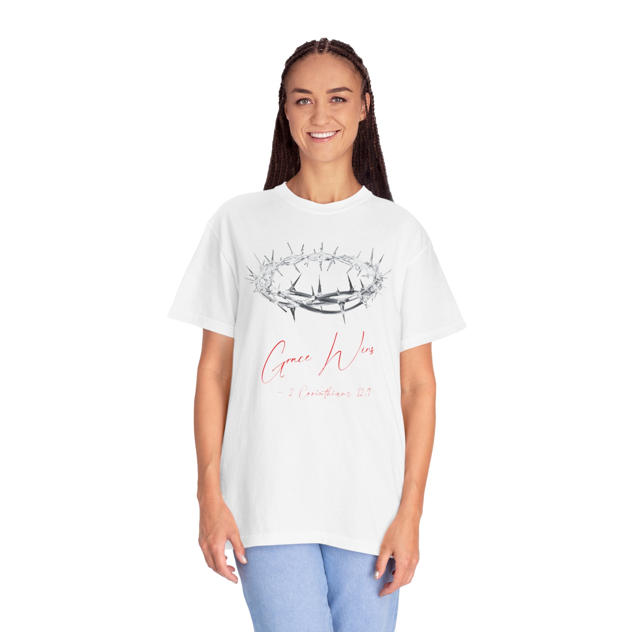 Woman wearing a white t-shirt with a design and text on a white background