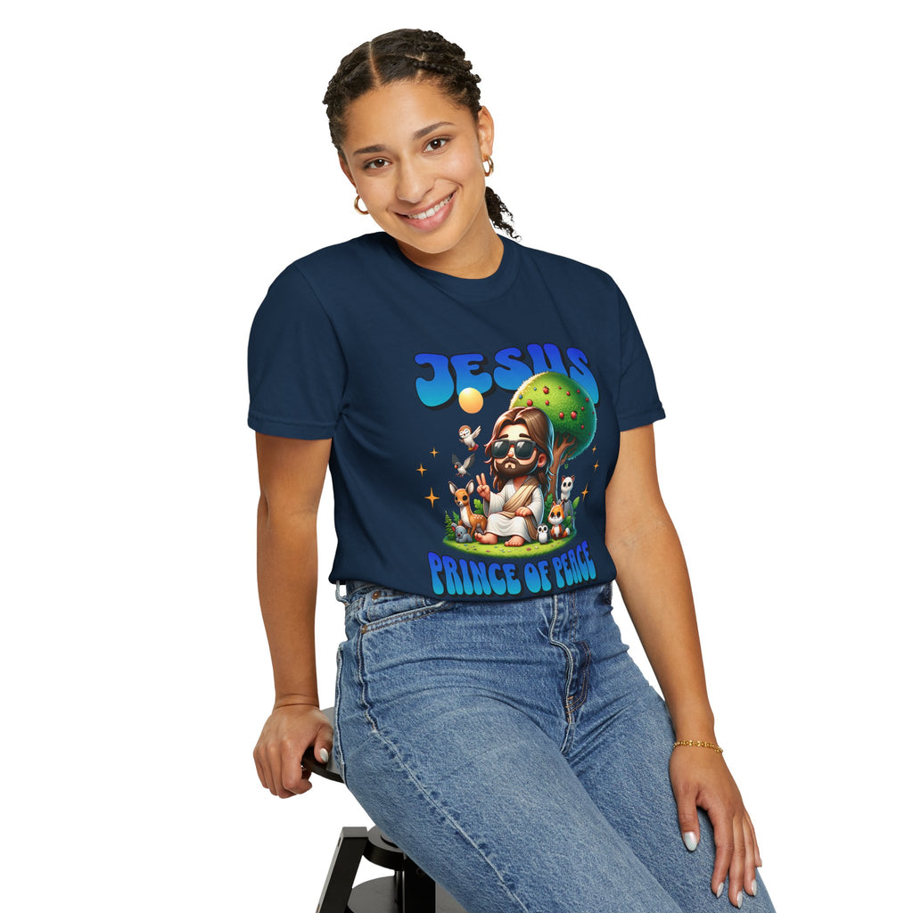 Person wearing a navy blue t-shirt with 'Jesus Prince of Peace' graphic design.