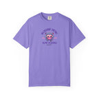 Purple t-shirt with a dog graphic on a white background