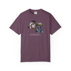 Purple t-shirt with graphic design on a white background