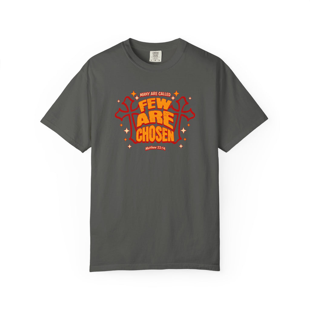 Gray t-shirt with red and orange graphic design on a white background