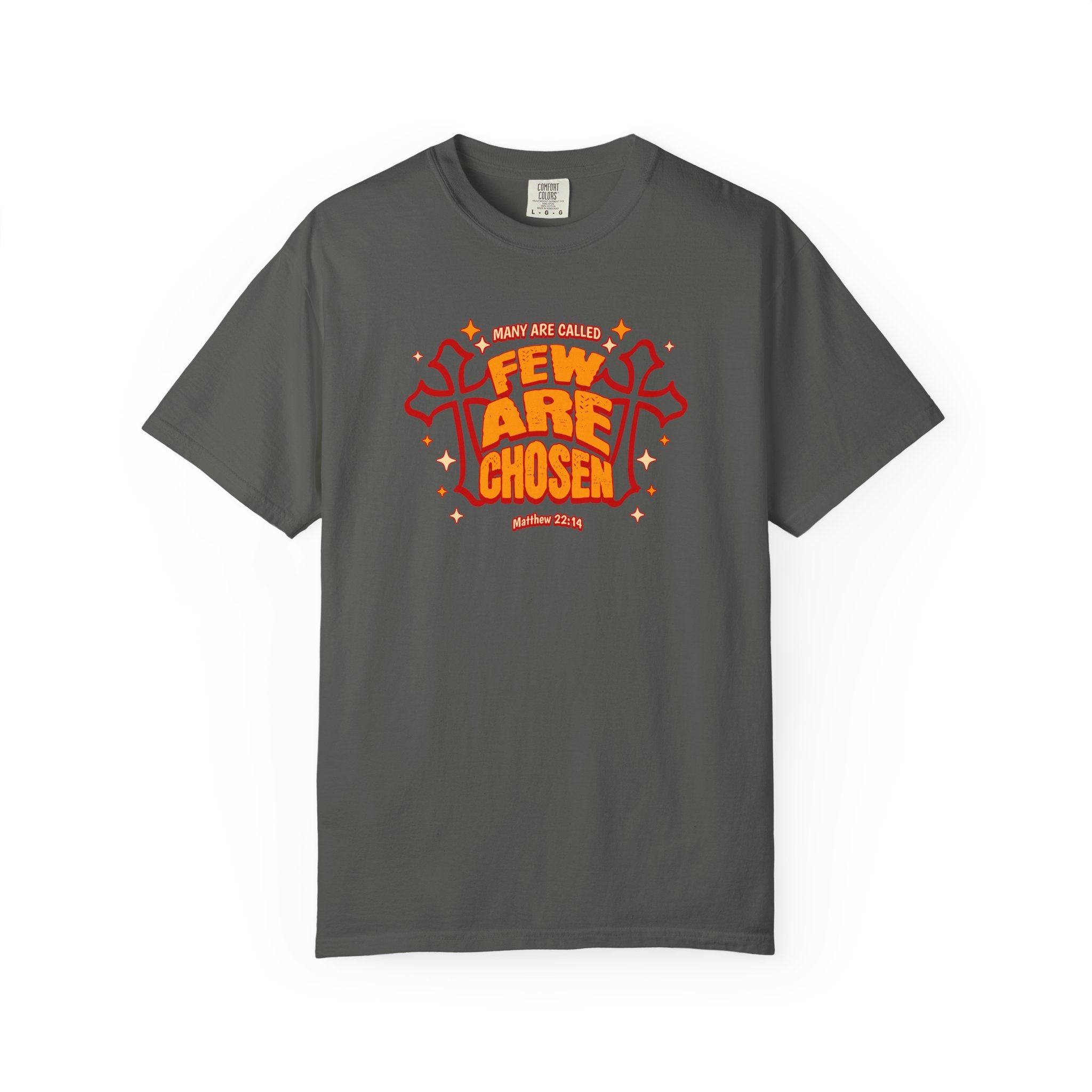 Gray t-shirt with red and orange graphic design on a white background