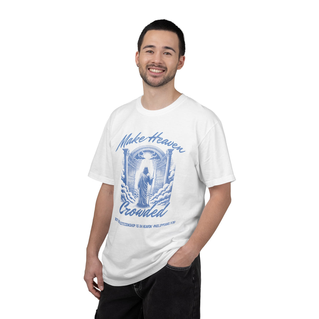 Man wearing a white t-shirt with a coffee-themed design and text.