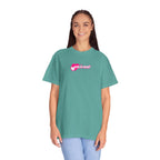 Woman wearing a teal t-shirt with 'God is Good' text on a white background