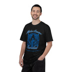 Man wearing a black t-shirt with blue graphic design and text on a white background