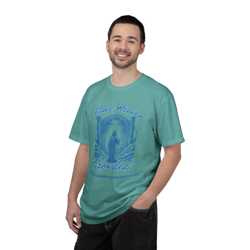 Man wearing a teal t-shirt with a graphic design and text on a white background