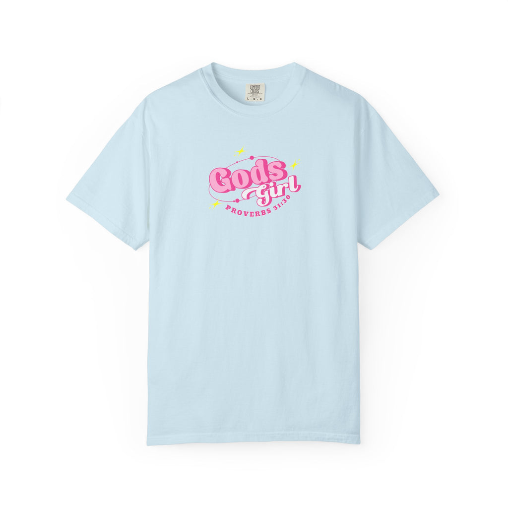 Light blue t-shirt with pink and yellow text on a white background