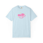 Light blue t-shirt with pink and yellow text on a white background