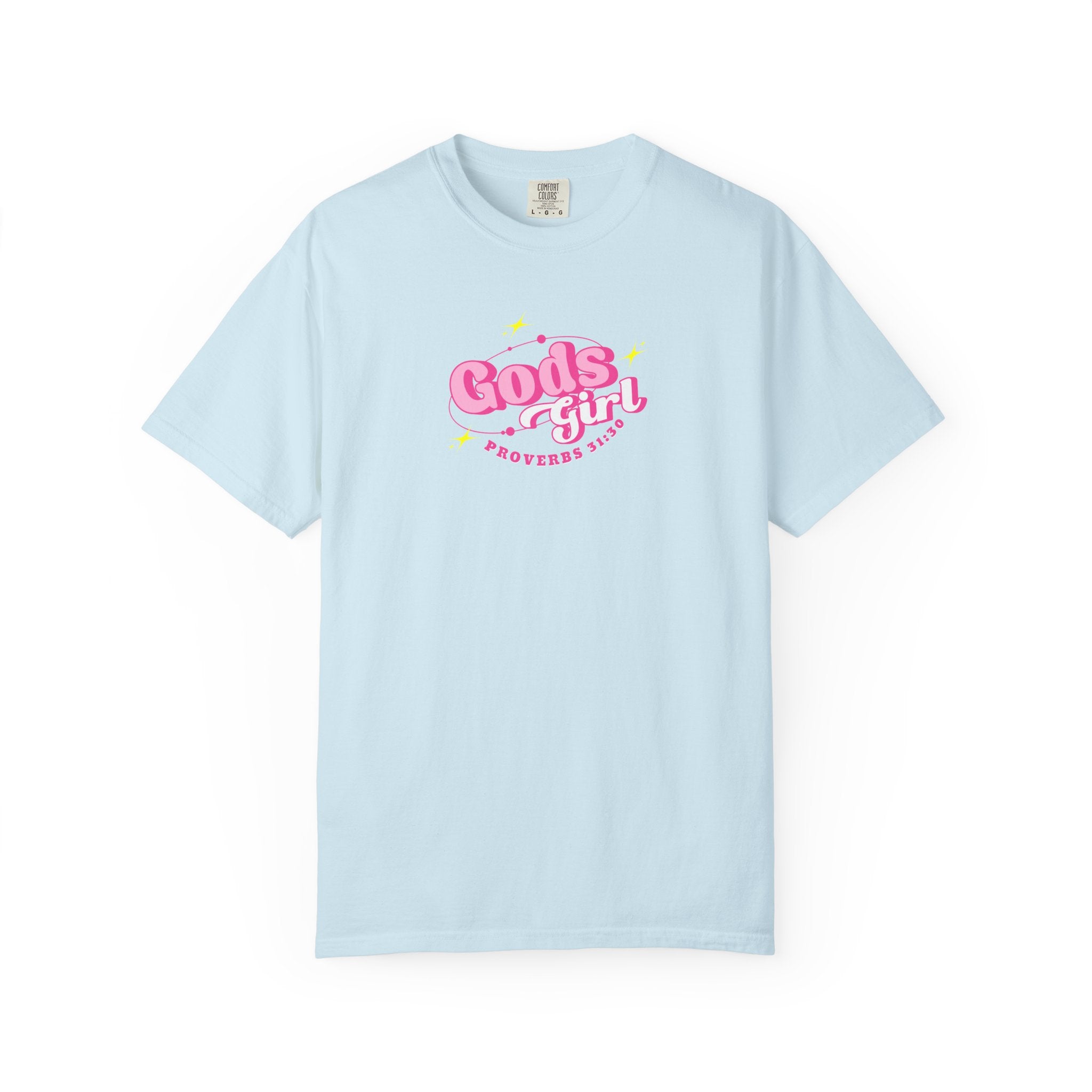 Light blue t-shirt with pink and yellow text on a white background