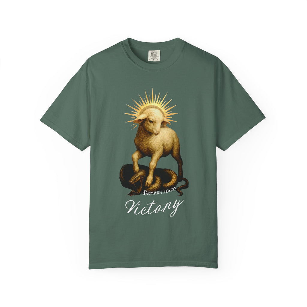 Green t-shirt with a graphic design of a lamb on a snake and the word 'Victory' on a white background
